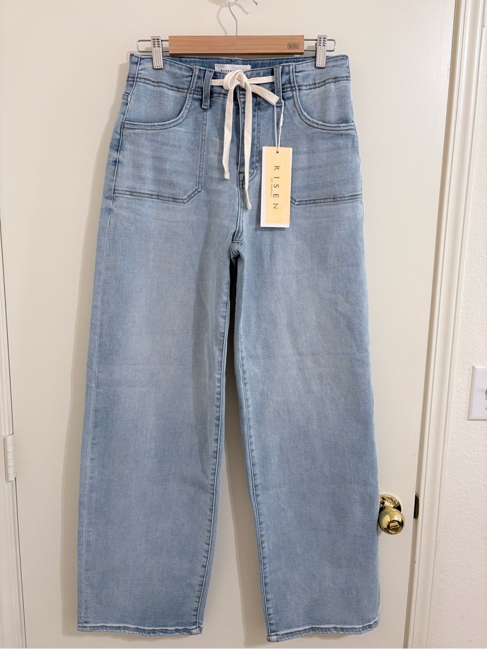 Risen Light Blue Wide-Leg Jeans with Drawstring Waist